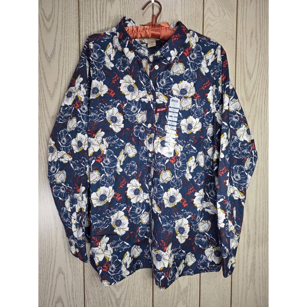 Duluth Trading Co Womens 1X Wrinklefighter Navy Floral Button Up Shirt 89812 SUN